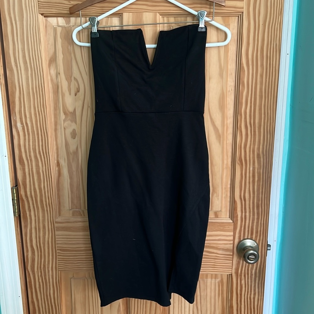 Black midi cocktail dress, strapless, V front with boning